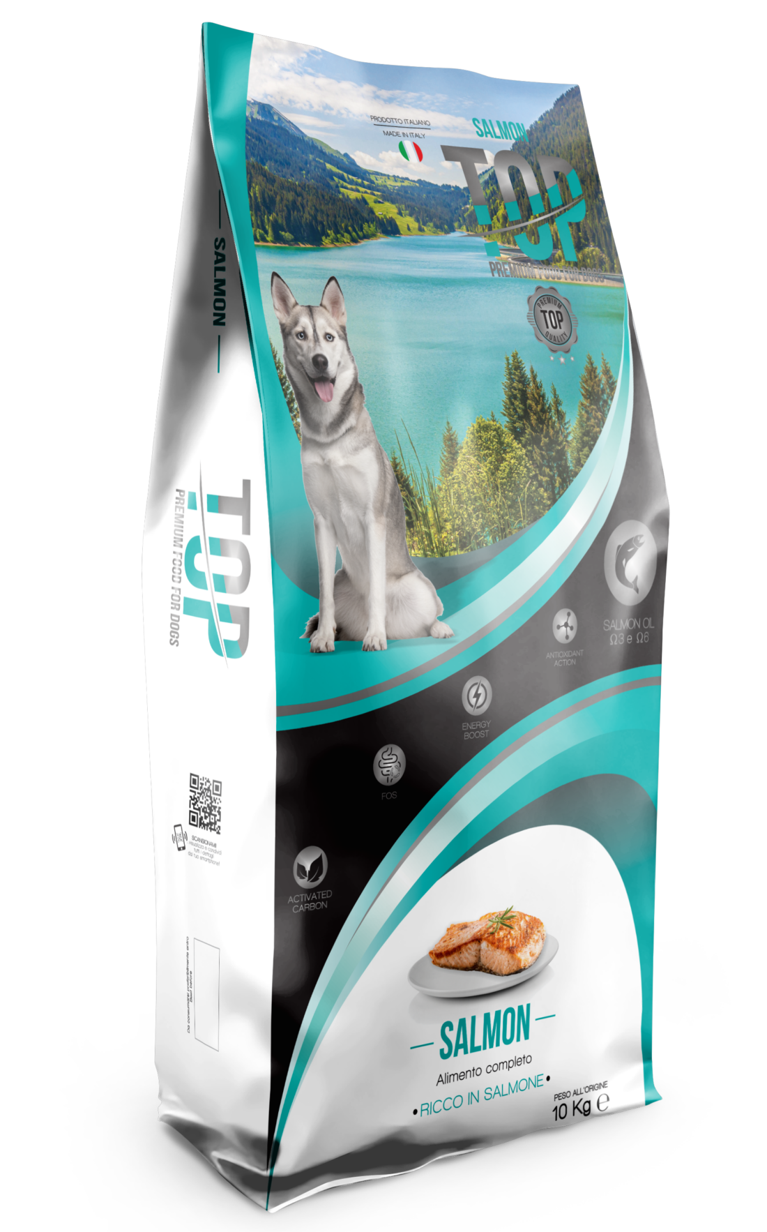 SALMON 10KG TOP SALMON SOMON VITA MIEL 10KG – Hrană uscată premium, gătită artizanal în Italia, pentru câini adulți de talie medie, crocheta de 10-12mm - imagine 1